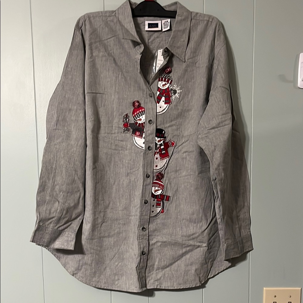Gray Embroidered Blouse with snowmen